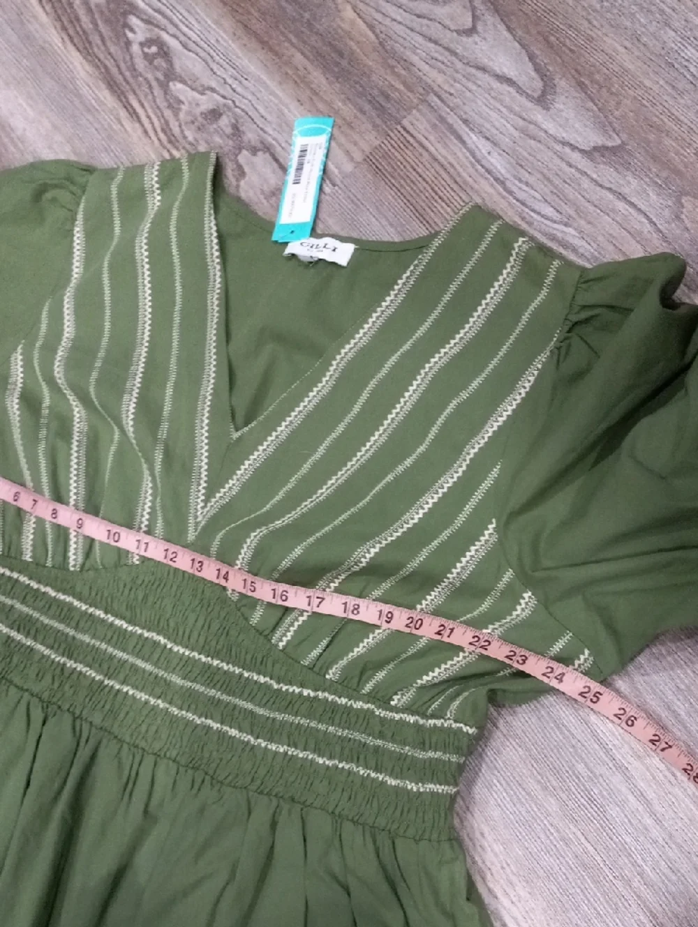 Gilli Michiko Puff Sleeve Olive V-Neck Smocked Waist Embroidered Maxi Dress - Picture 10 of 14